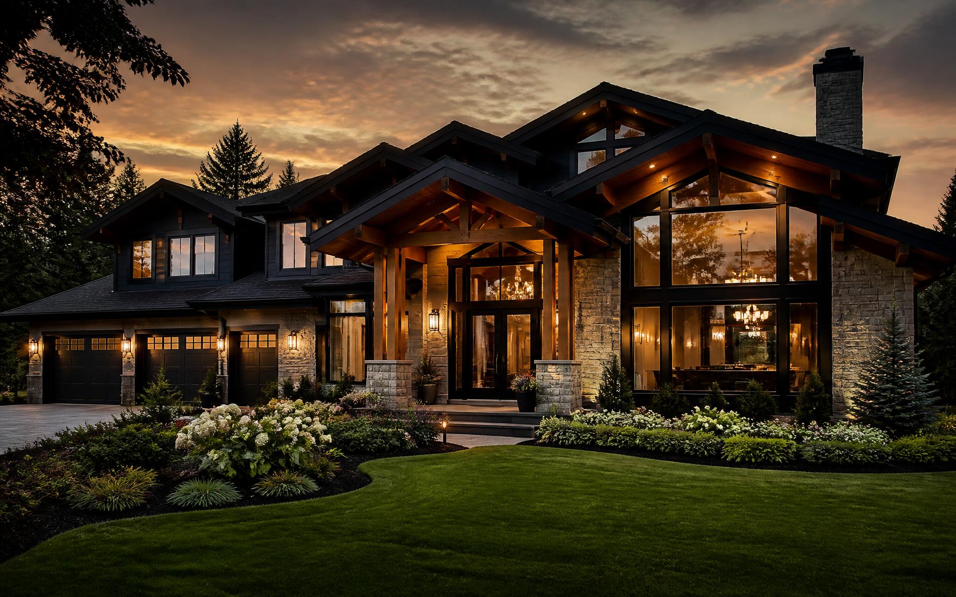 A luxury craftsman home at golden hour with pristine windows and manicured landscaping