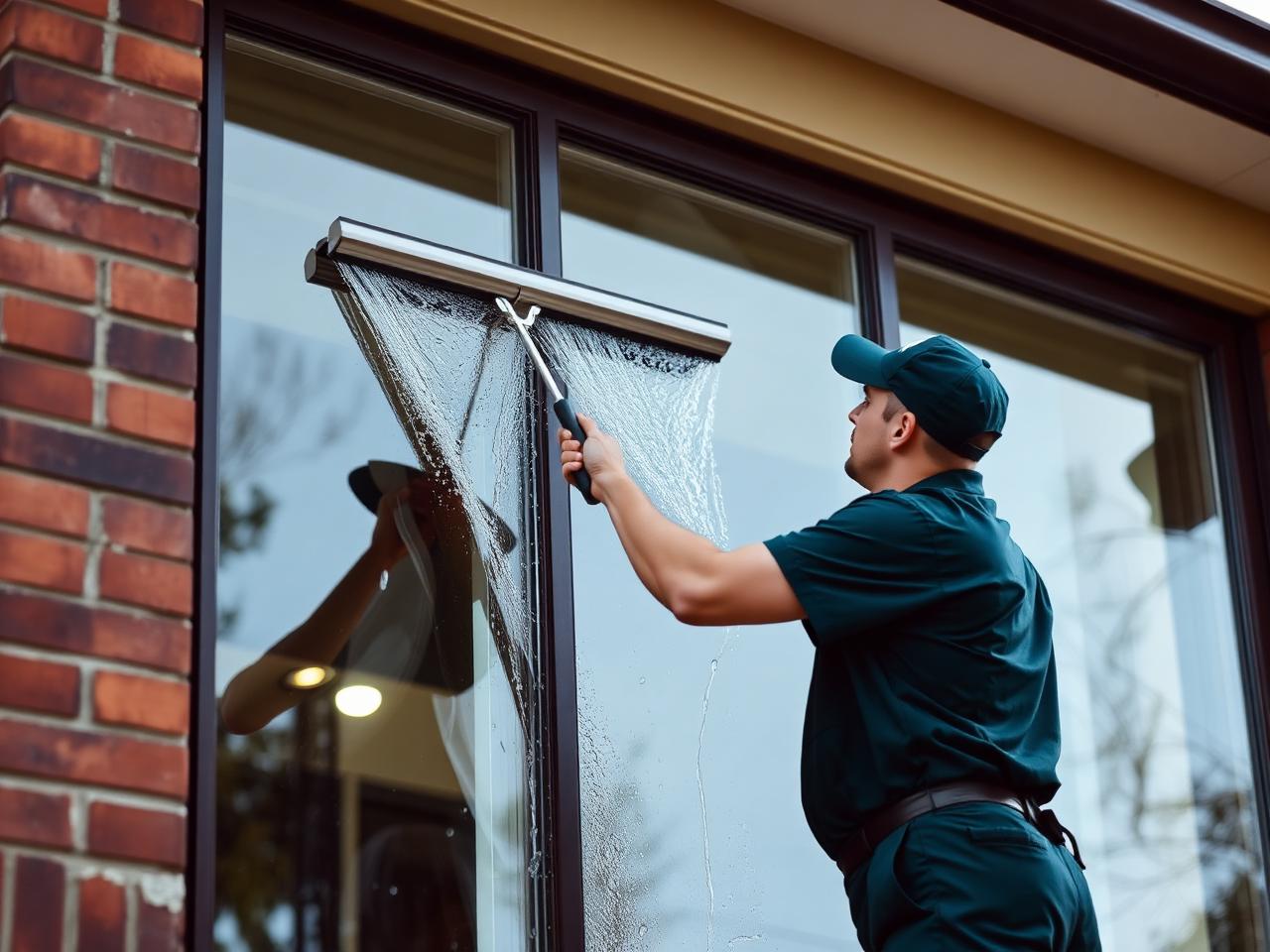 Silver Pine technician cleaning a residential window with a squeegee
